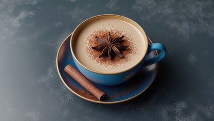 Top view of spices and cinnamon in a blue cup of masala tea or coffee on the table.