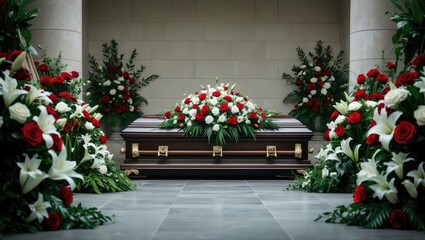 Panorama of a funeral with a coffin adorned with wreaths in the farewell hall, evoking sadness and eternal memory.