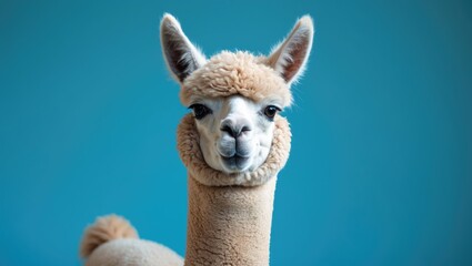 Fototapeta premium Humorous alpaca against a blue backdrop