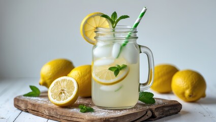Fototapeta premium Glass mason jar filled with lemonade, lemons, and a straw on a white backdrop