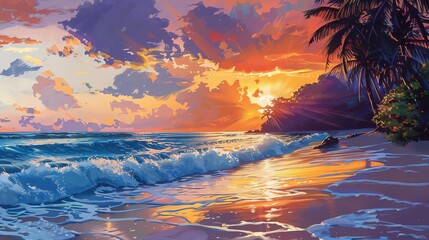 Amazing sunset at the beach with palm trees and waves crashing on the shore. The sky is a bright orange and yellow, and the water is a deep blue.