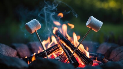 Two wooden sticks holding marshmallows toasting in a fire with a soft-focus background