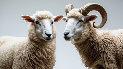 Obraz premium Male and female sheep displayed on a neutral background