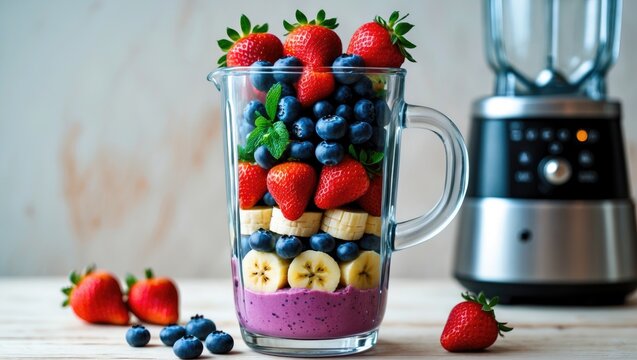 Preparing a smoothie with fresh fruits in a glass blender - Powered by Adobe
