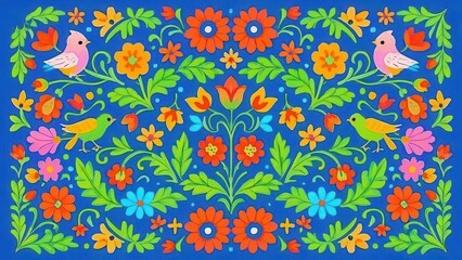 Obraz premium Floral pattern design with birds and flowers on blue background