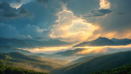 Obraz premium Stunning mountain scenery beneath a morning sky filled with clouds. Overcast conditions prior to a storm.