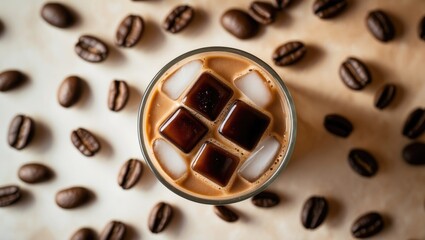 Fototapeta premium Make iced coffee. Pour espresso over ice cubes in a glass, overhead perspective