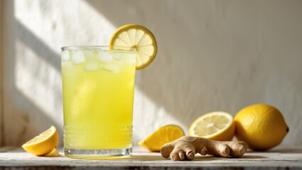 Fototapeta premium Immunotherapy drink: refreshing lemonade or cocktail with ginger and lemon