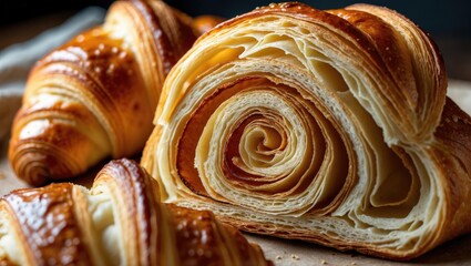Close-up of a freshly halved croissant. Background featuring textured baked croissant dough