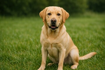 Happy Labrador sitting outdoors grass