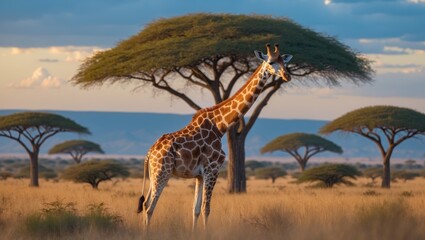 Maasai Giraffe and Umbrella Tree within a National Park