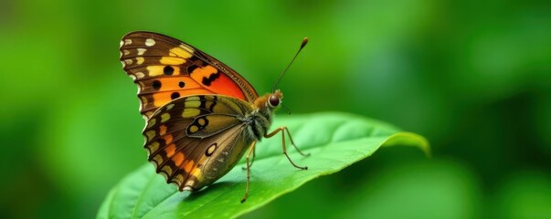 Fototapeta premium Brown speckled butterfly perched on green leaf, wings partially open , nature photography, spring