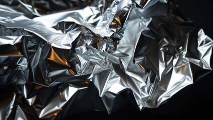 Full perspective of a crumpled silver aluminum foil sheet