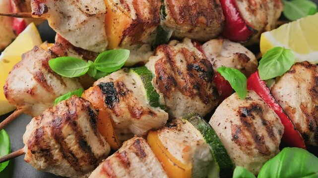 Chicken kebab skewers on a plate with vegetables and ketchup. Mediterranean healthy food