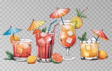Watercolor set of refreshing summer cocktails PNG. Each drink is served with ice cubes, fruit slices, and adorned with a cocktail umbrella and straw. Cocktails on isolated transparent background.
