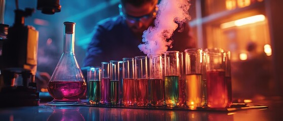 Chemical experimentation in laboratory colorful solutions science photography professional setting close-up innovation