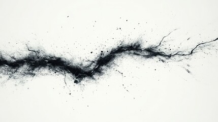 Fototapeta premium Abstract Black Ink Splatter Artwork with Jagged Horizontal Line and Organic Splash Patterns on Crisp White Canvas