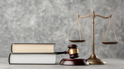 Law Books, Gavel, and Scales of Justice on Grey Background