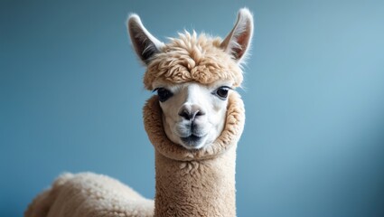 Obraz premium Amusing irate alpaca with a blue background