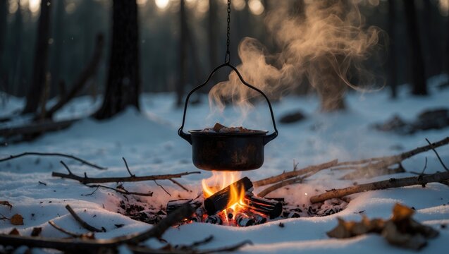 Winter Wanderer's Lunch: Soup on a Fire Pot for Travelers with Beef Broth