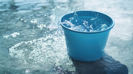 Captivating splash of water in a blue bucket on a bright day creating a refreshing and dynamic scene with sunlight