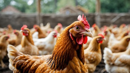 An intimate look at healthy Chicken, symbolizing caring farming or agriculture. An eco-friendly or organic agricultural setting. Free-range hens, cheerful and healthy chickens in an outdoor farm.