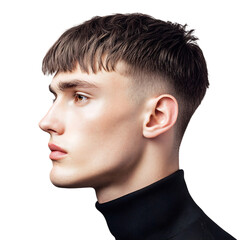 Obraz premium Man with Short Caesar Haircut and Black Shirt Isolated on Transparent Background