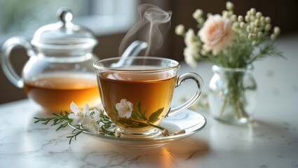 Fototapeta premium Herbal tea served in a glass cup
