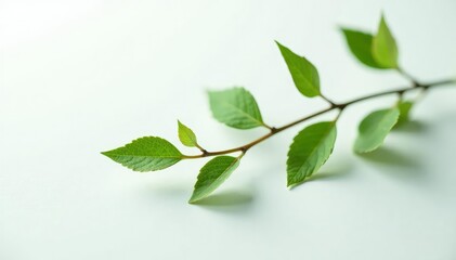 Delicate branch with thin foliage on a crisp white surface, nature, greenery