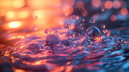 Bubbling water droplets natural setting close-up photography vibrant colors artistic perspective serene atmosphere