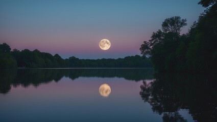 A calm lakeside panorama at twilight with a peaceful moon emerging in the distance, its reflection glistening on the tranquil water, surrounded by flourishing green trees under a pastel backdrop.