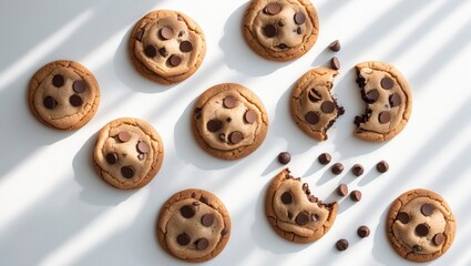 Obraz premium White background featuring a top view of homemade chocolate chip cookies