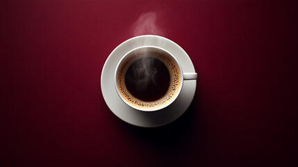 A steaming hot cup of coffee is placed on a vibrant red background, evoking warmth and comfort.