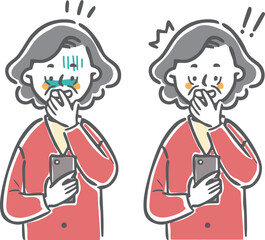 スマホを見て驚くシニア女性　上半身　ベクター