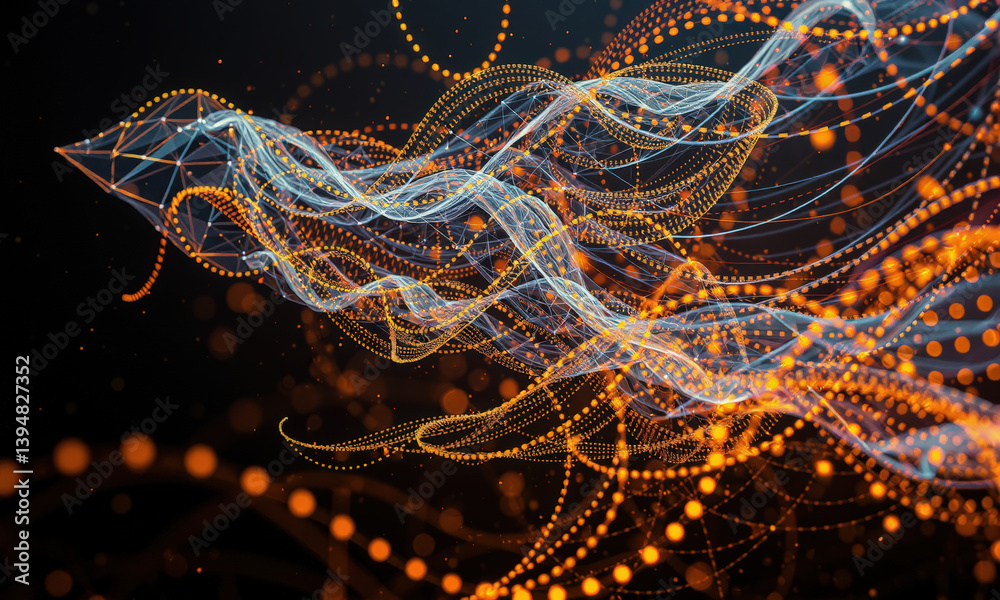 Poster abstract digital art featuring flowing lines and glowing dots, representing data visualization and t
