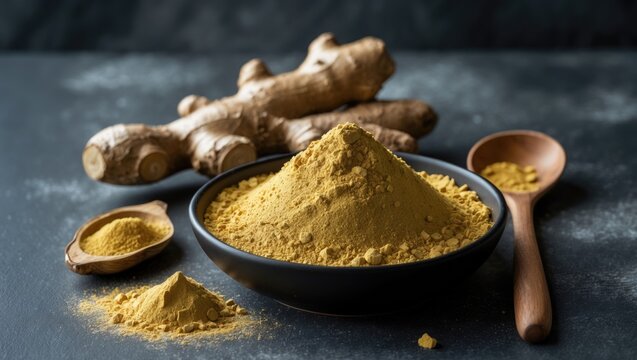 Whole dried ginger powder, known as Sunth or Sonth, displayed over a moody setting. selective focus