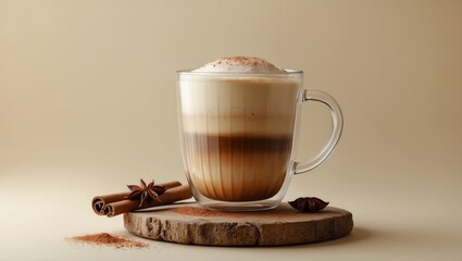 Glass cup filled with iced latte, topped with cinnamon and star anise, placed on a beige table