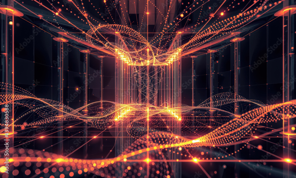 Poster vibrant digital space filled with glowing lines and dots, creating mesmerizing visual effect that ev