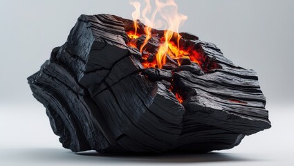 Smoldering piece of coal set against a white background