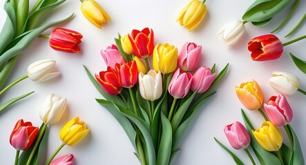 Colorful bouquet of fresh tulips with a banner on a white background.