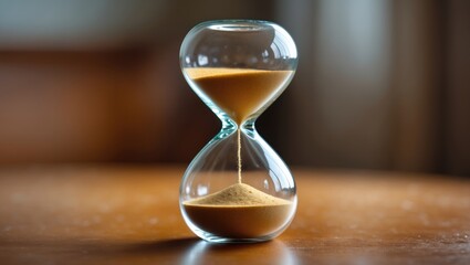 Sand timer placed on a wooden tabletop