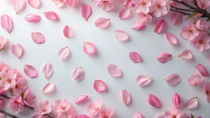 Pink almond petals arranged on both sides, isolated on a background