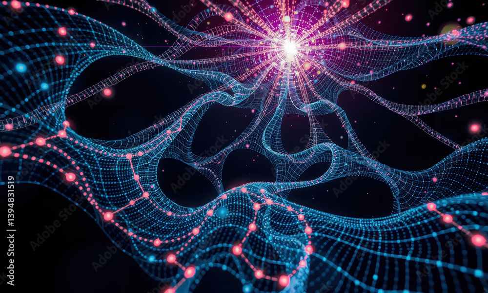 Poster vibrant digital network visualization featuring interconnected nodes and lines, creating sense of de