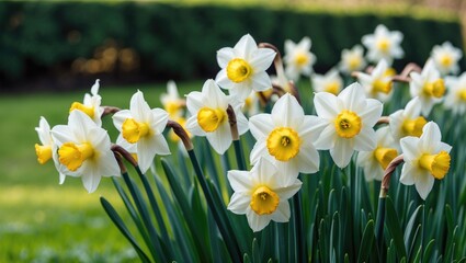 Amidst the greenery of nature, white daffodils blossom vividly, emphasizing the serene and peaceful charm of springtime.