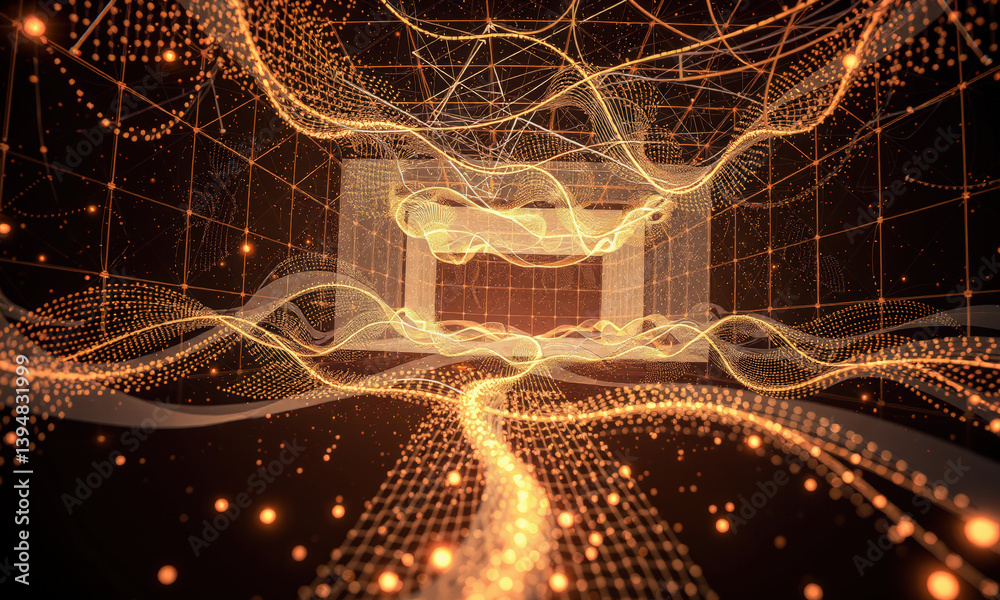Poster mesmerizing digital landscape featuring flowing lines and glowing particles, creating sense of depth