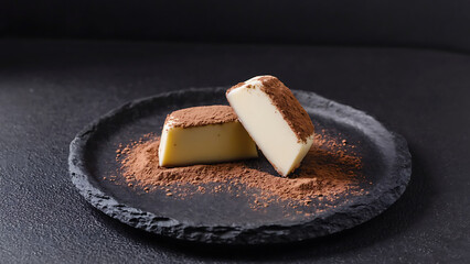 White chocolate dessert with cocoa powder