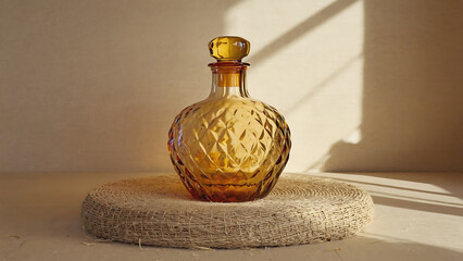 Amber glass decanter on a wicker stand