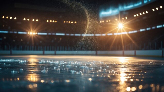 Lifelike ice and light in hockey field. Ice environment. Reflection. Brilliant lighting with spotlights. Dazzles. Background - Powered by Adobe