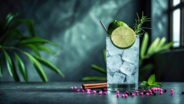 Cocktail of gin and tonic with window shadows on dark concrete surface. Vertical orientation.