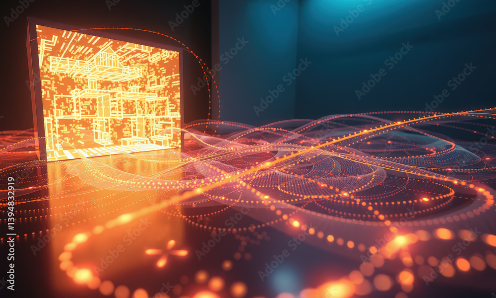 Poster glowing digital interface displays intricate patterns, surrounded by flowing lines of light that cre